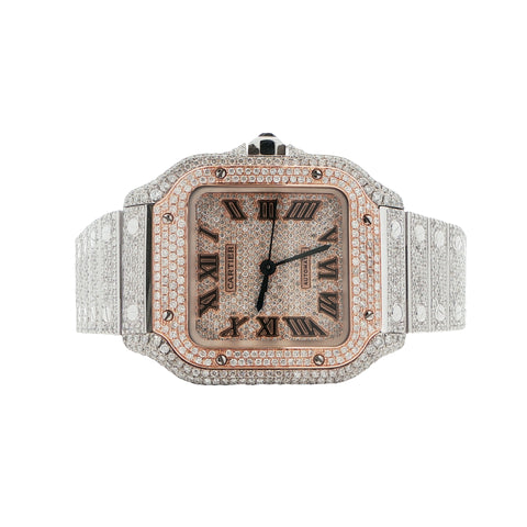 Brand New Cartier Santos Medium – Two-Tone Rose Gold – Fully Iced Out – 13.00 CTW Natural VS Diamonds – Complete Set