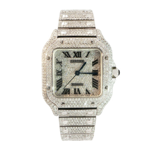 Brand New Cartier Santos Medium – Fully Iced Out – 13.00 CTW Natural VS Diamonds – Complete Set
