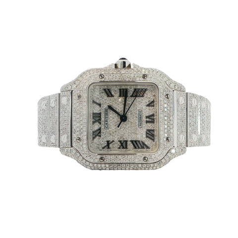 Brand New Cartier Santos Medium – Fully Iced Out – 13.00 CTW Natural VS Diamonds – Complete Set