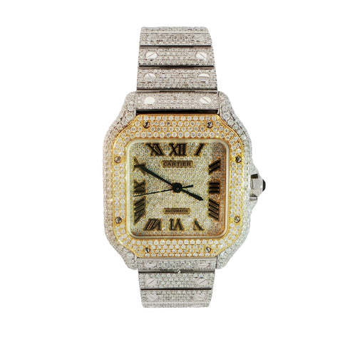 Brand New Cartier Santos Medium – Two-Tone Yellow Gold – Fully Iced Out – 13.00 CTW Natural VS Diamonds – Complete Set