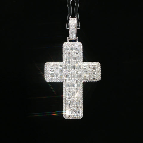 14K White Gold Baguette Diamond Cross Pendant