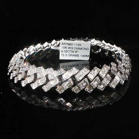 10K White Gold Diamond Curved Monaco Cuban Bracelet