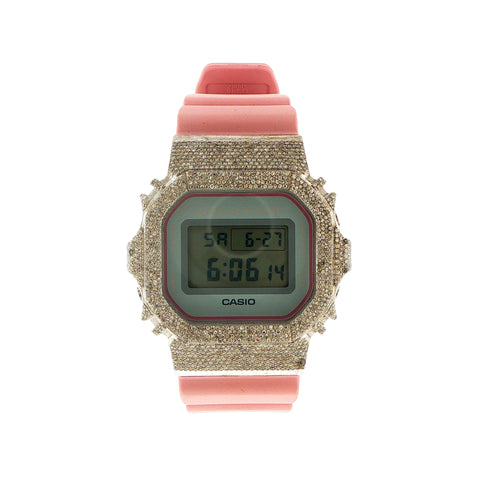 Custom iced out Casio G-Shock DW-5600SC watch with diamond bezel and pink rubber strap