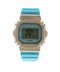 Custom iced out Casio G-Shock DW-5600SC watch with diamond bezel and baby blue rubber strap