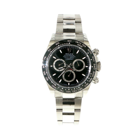 Rolex Daytona stainless steel watch with black dial, black ceramic bezel, and chronograph sub-dials