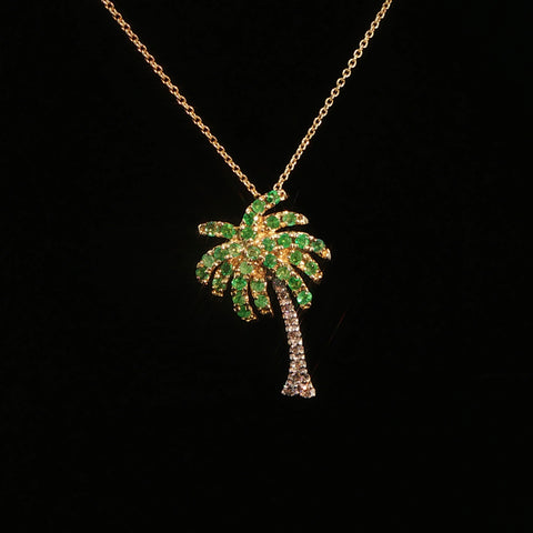 14K Yellow Gold Emerald Palm Tree Pendant Necklace | 18 Inches | 3.45 Grams
