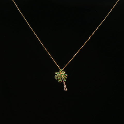 14K Yellow Gold Emerald Palm Tree Pendant Necklace | 18 Inches | 3.45 Grams