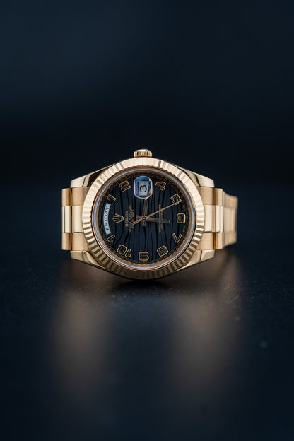 Rolex Day-Date II 41mm Yellow Gold Black Wave Dial – Ref. 218238 – Mint Complete Set