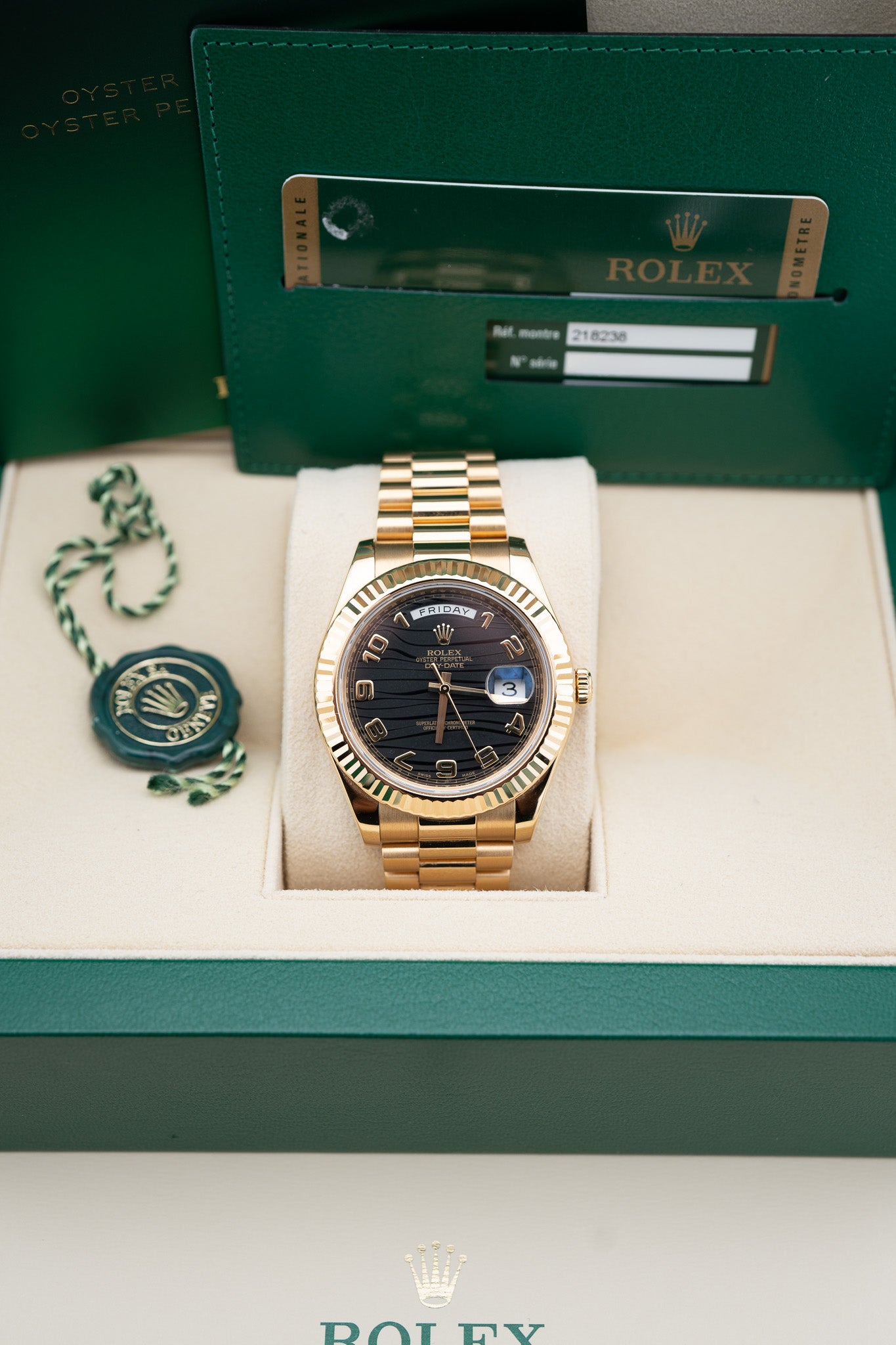 Rolex Day-Date II 41mm Yellow Gold Black Wave Dial – Ref. 218238 – Mint Complete Set