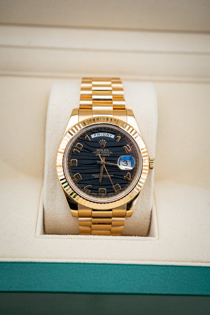Rolex Day-Date II 41mm Yellow Gold Black Wave Dial – Ref. 218238 – Mint Complete Set
