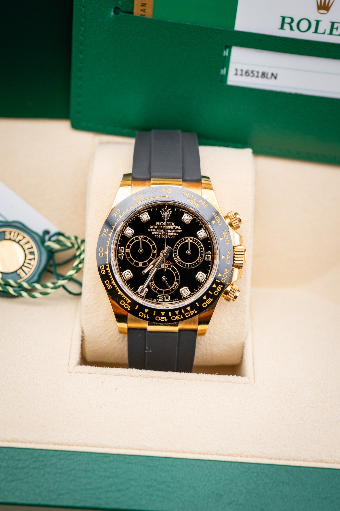 2019 Rolex Daytona Yellow Gold – Diamond Dial – Oysterflex – Ref. 116518LN – Pre-Owned Complete Set
