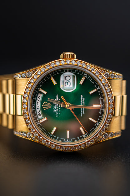 Rolex Day-Date 36 Yellow Gold Green Dial 118388 – Complete Preowned Set