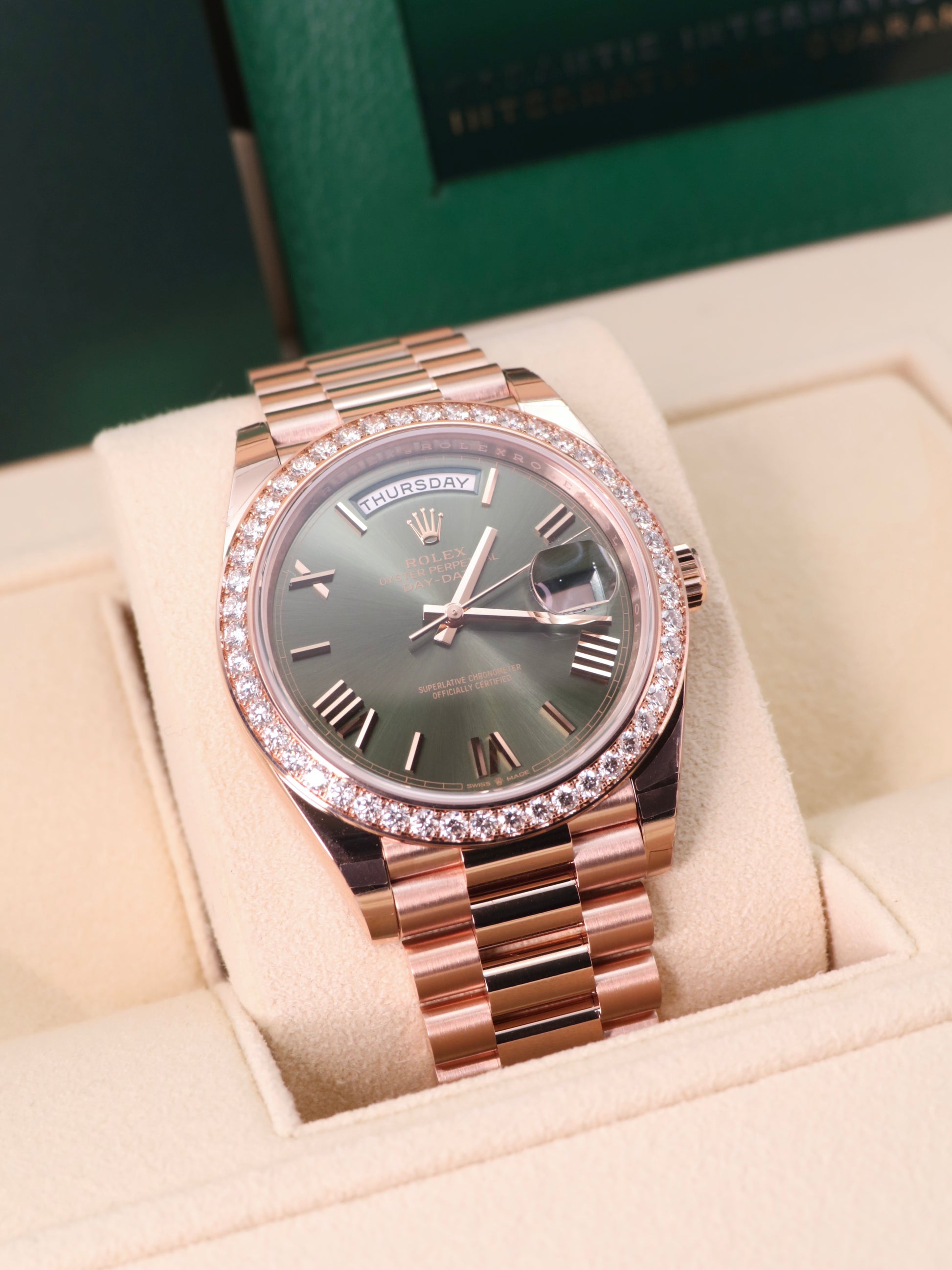 2024 Rolex Day-Date 40 Ref. 228345RBR - Everose Gold, Olive Dial, White Diamond image 2