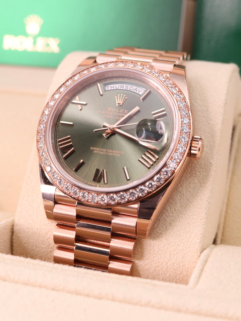 2024 Rolex Day-Date 40 Ref. 228345RBR - Everose Gold, Olive Dial, White Diamond image 1