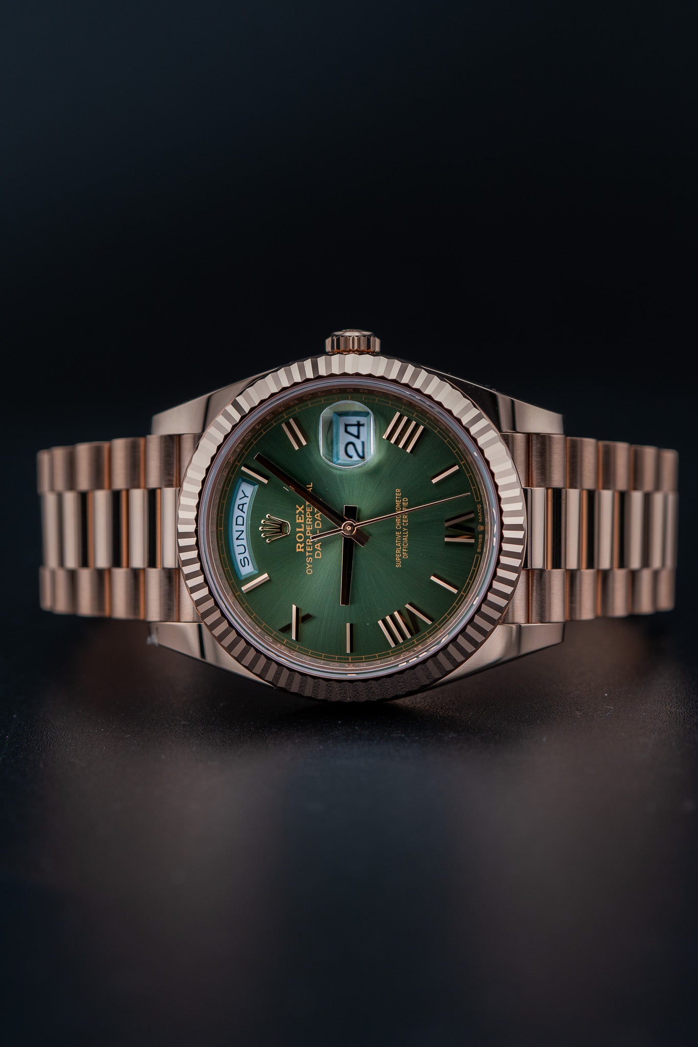 2025 Rolex Day-Date 40 Rose Gold Olive Green Dial – Ref. 228235 – Brand New Complete Set