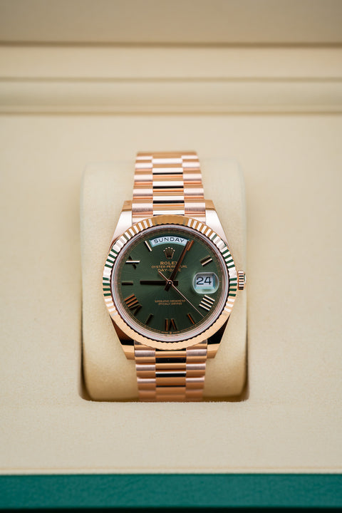 2025 Rolex Day-Date 40 Rose Gold Olive Green Dial – Ref. 228235 – Brand New Complete Set