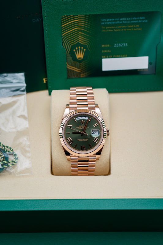2025 Rolex Day-Date 40 Rose Gold Olive Green Dial – Ref. 228235 – Brand New Complete Set
