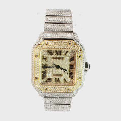 Brand New Cartier Santos Medium – Two-Tone Yellow Gold – Fully Iced Out – 13.00 CTW Natural VS Diamonds – Complete Set