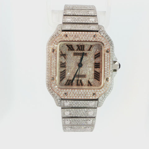 Brand New Cartier Santos Medium – Two-Tone Rose Gold – Fully Iced Out – 13.00 CTW Natural VS Diamonds – Complete Set